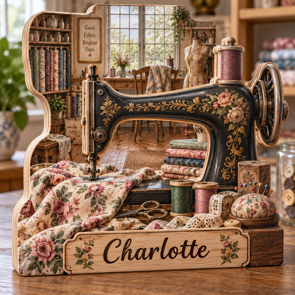 Vintage Sewing Sanctuary Personalized Wooden Block; example personalization Charlotte
