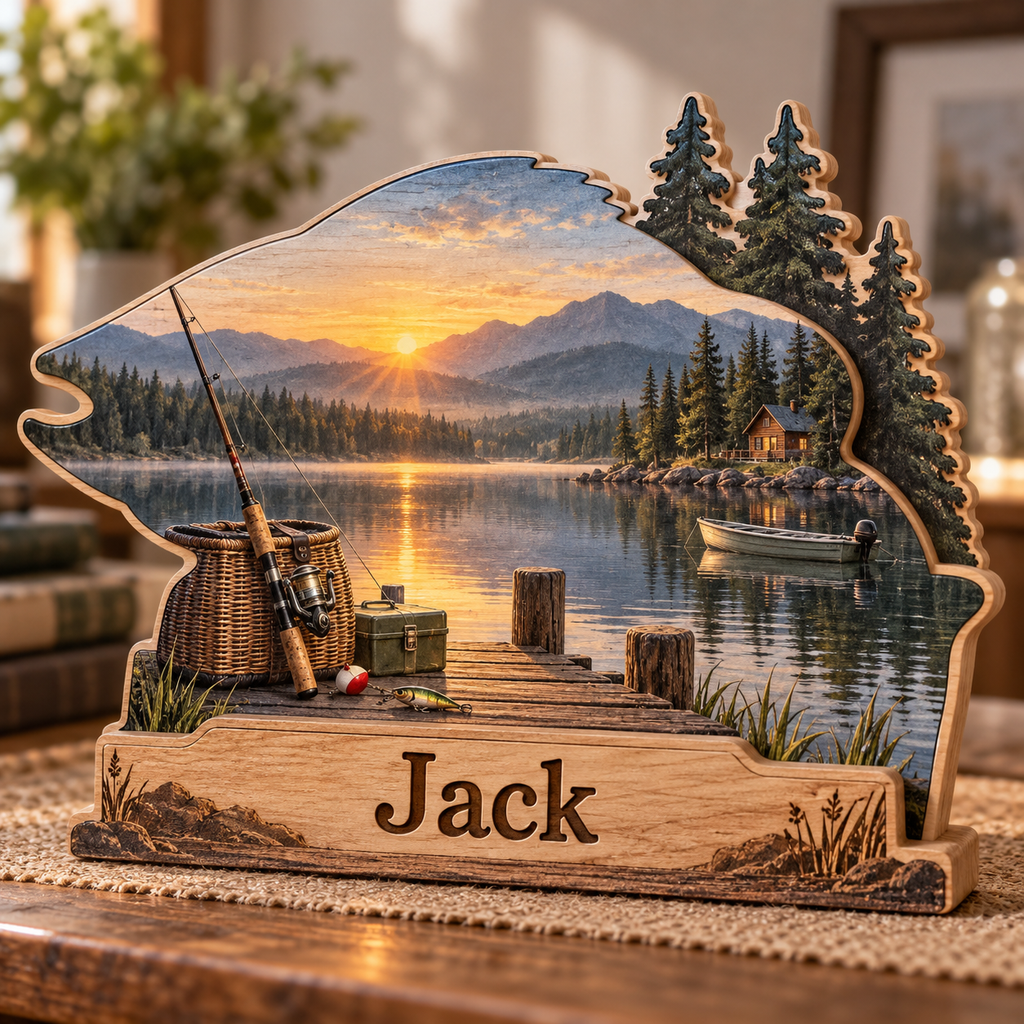 Fishing Retreat Lake Dock Personalized Wooden Block; example personalization Jack