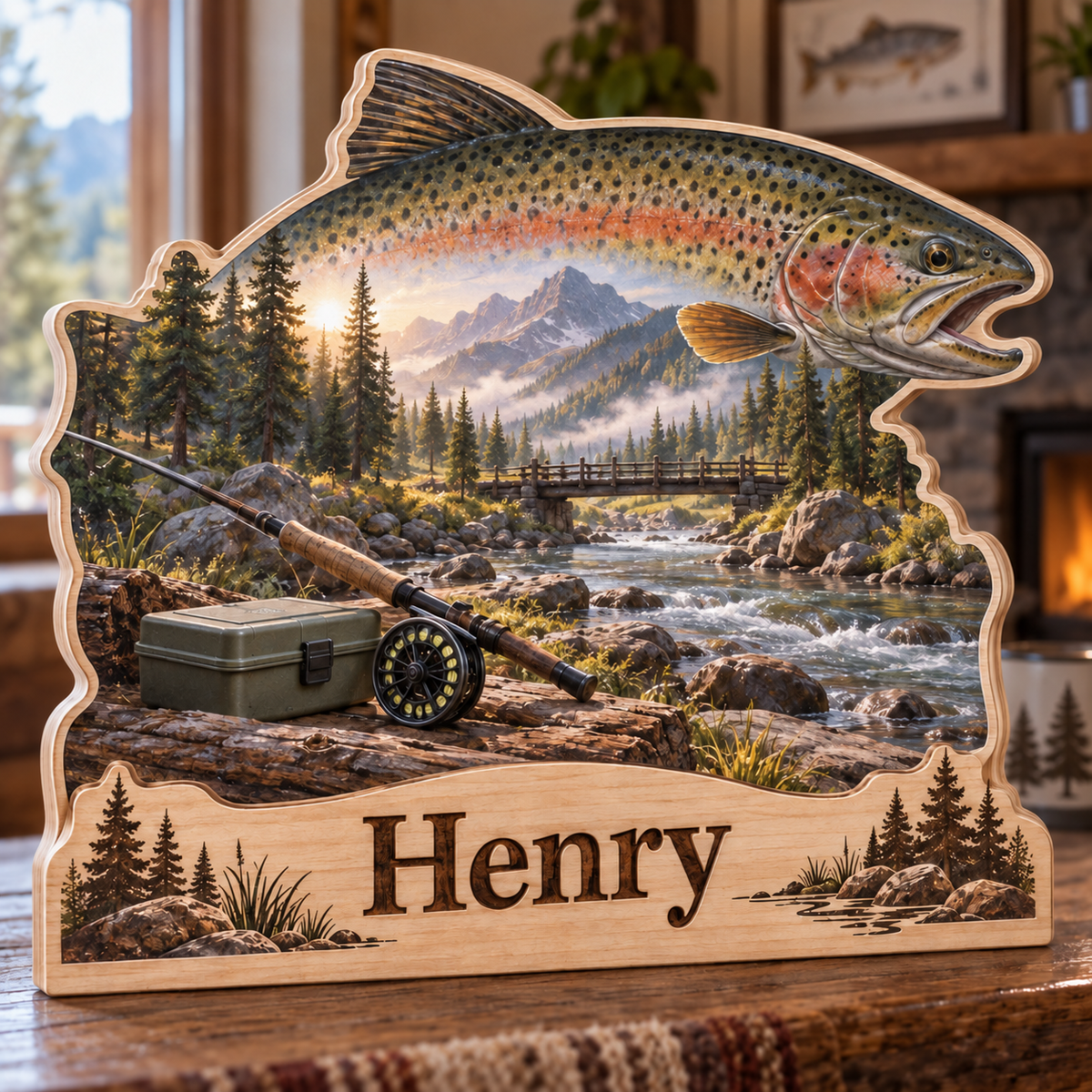 Fishing Creek Pine Bridge Personalized Wooden Block; example personalization Henry