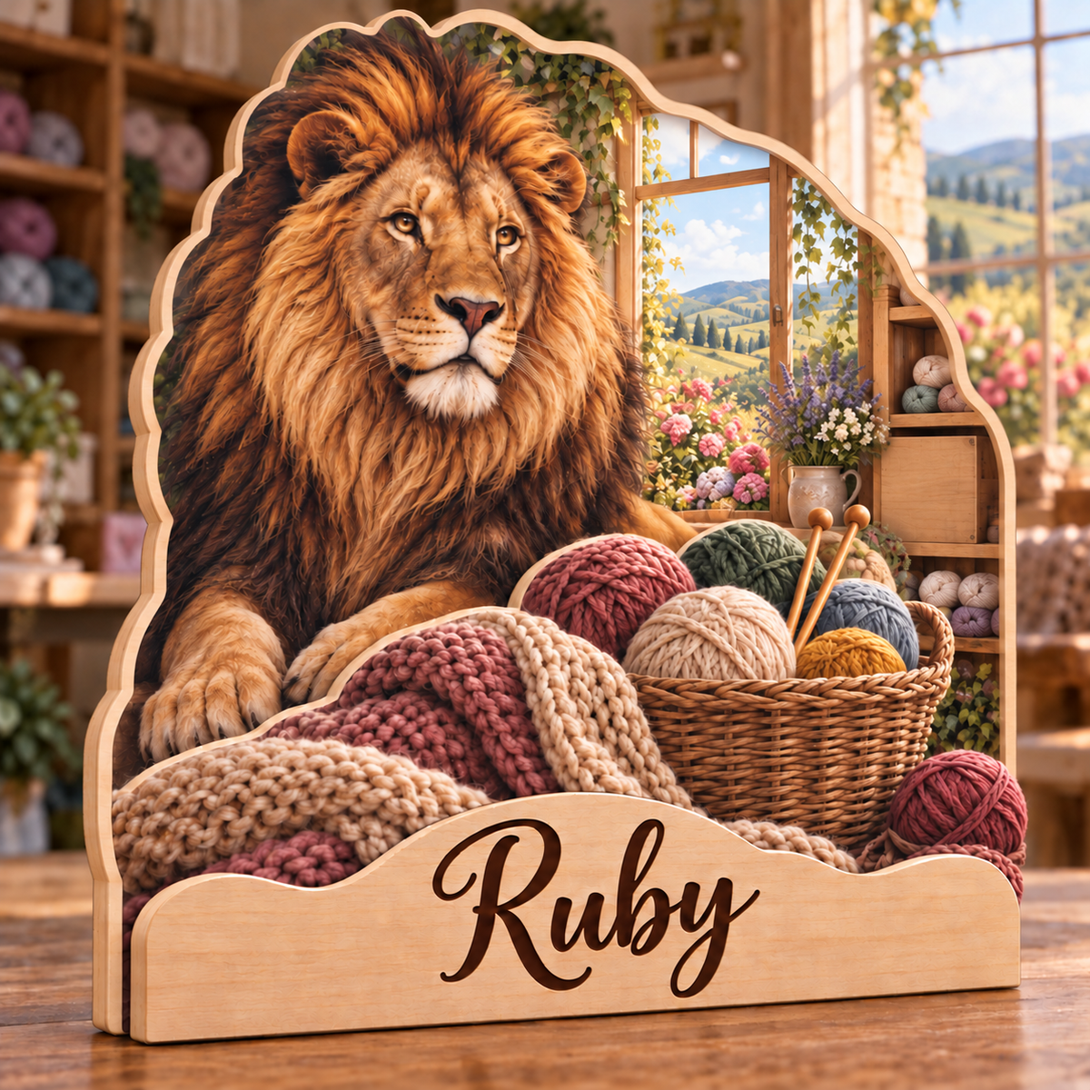 Lion Yarn Studio Personalized Wooden Block; example personalization Ruby