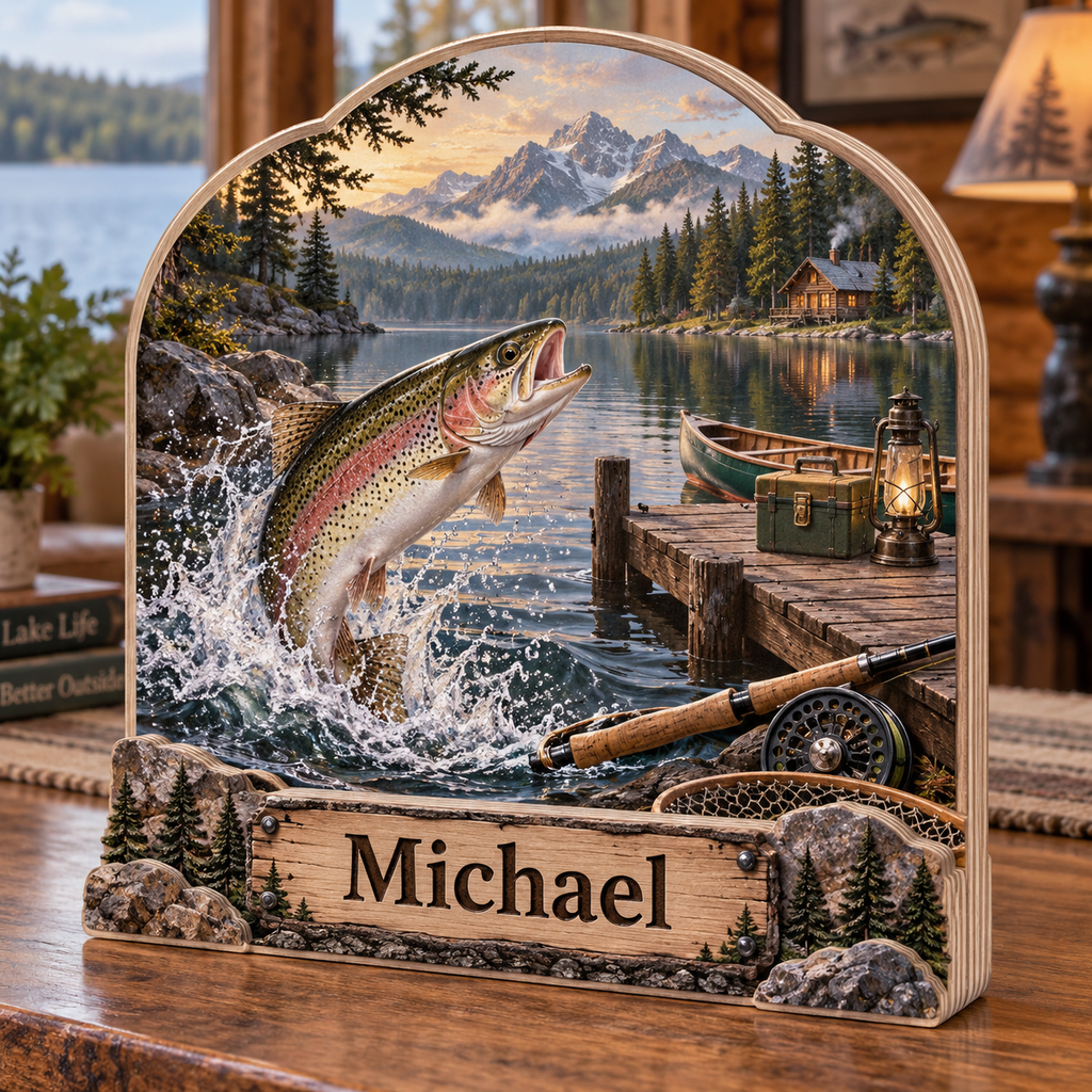 Lakeside Fishing Retreat Personalized Wooden Block; example personalization Michael