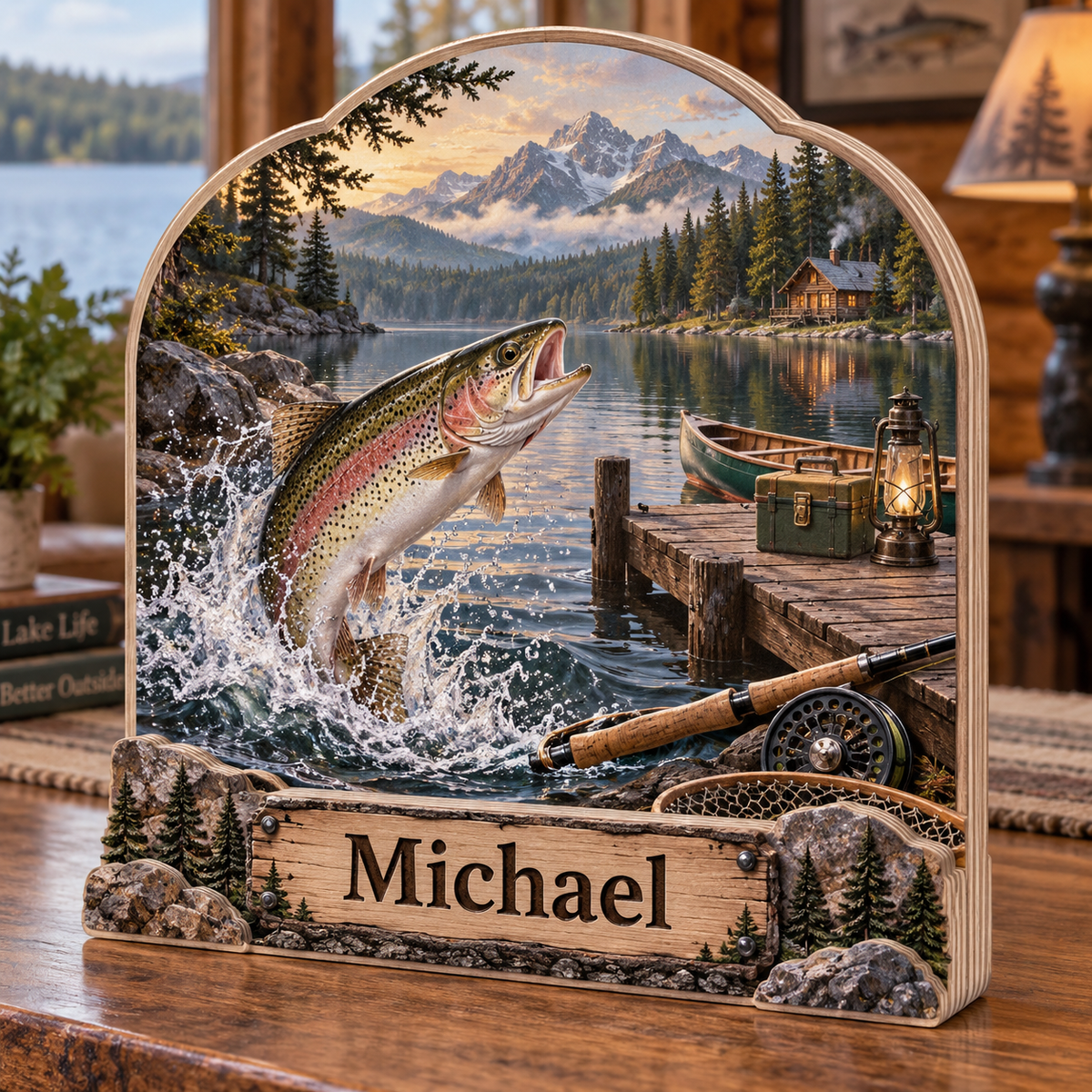 Lakeside Fishing Retreat Personalized Wooden Block; example personalization Michael