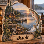 Lakeside Fishing Cabin Personalized Wooden Block; example personalization Jack
