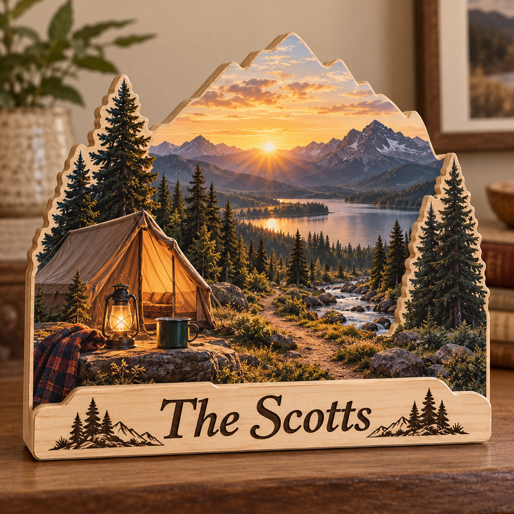 Camping Tent Pine Valley Personalized Wooden Block; example personalization The Scotts