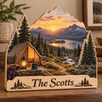 Camping Tent Pine Valley Personalized Wooden Block; example personalization The Scotts