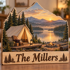 Camping Lakeside Tent Dawn Personalized Wooden Block; example personalization The Millers