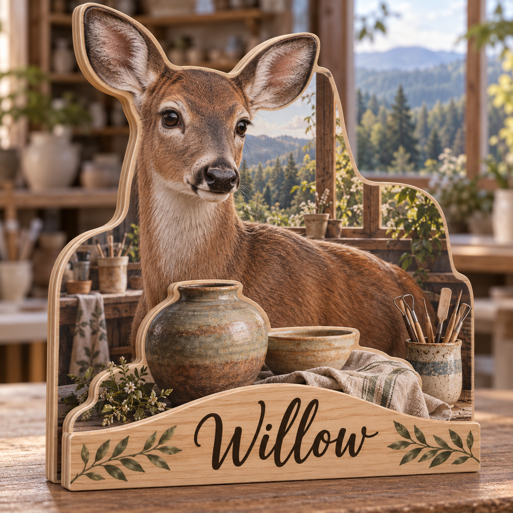 Deer Clay Studio Personalized Wooden Block; example personalization Willow