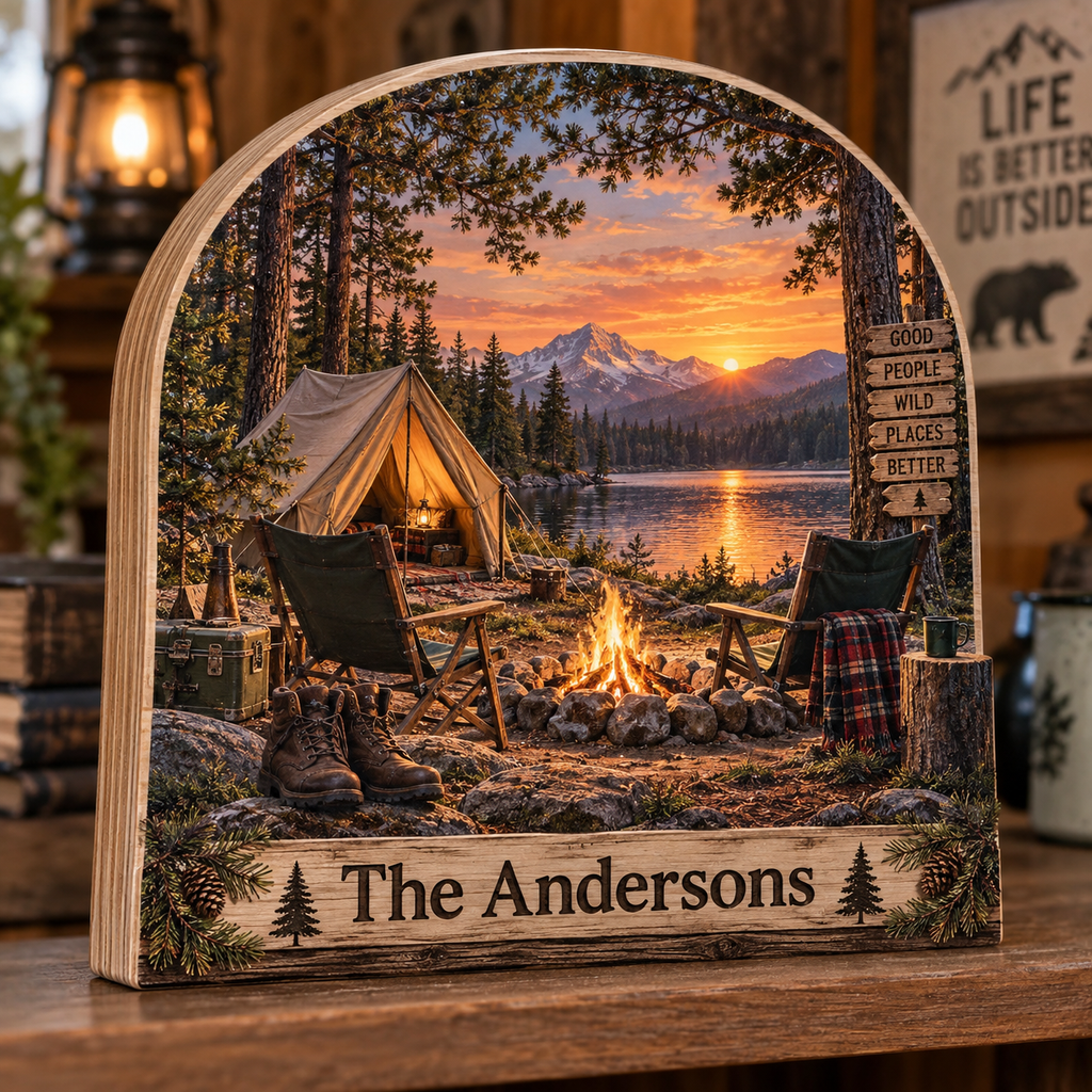 Forest Campfire Escape Personalized Wooden Block; example personalization The Andersons