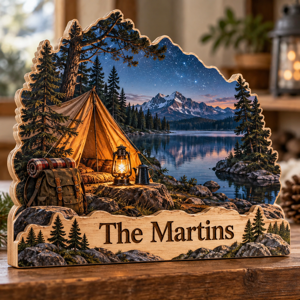 Camping Tent Starry Lake Personalized Wooden Block; example personalization The Martins