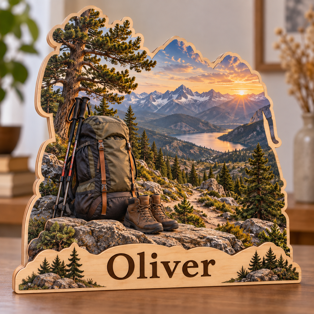 Hiking Backpack Alpine Trail Personalized Wooden Block; example personalization Oliver