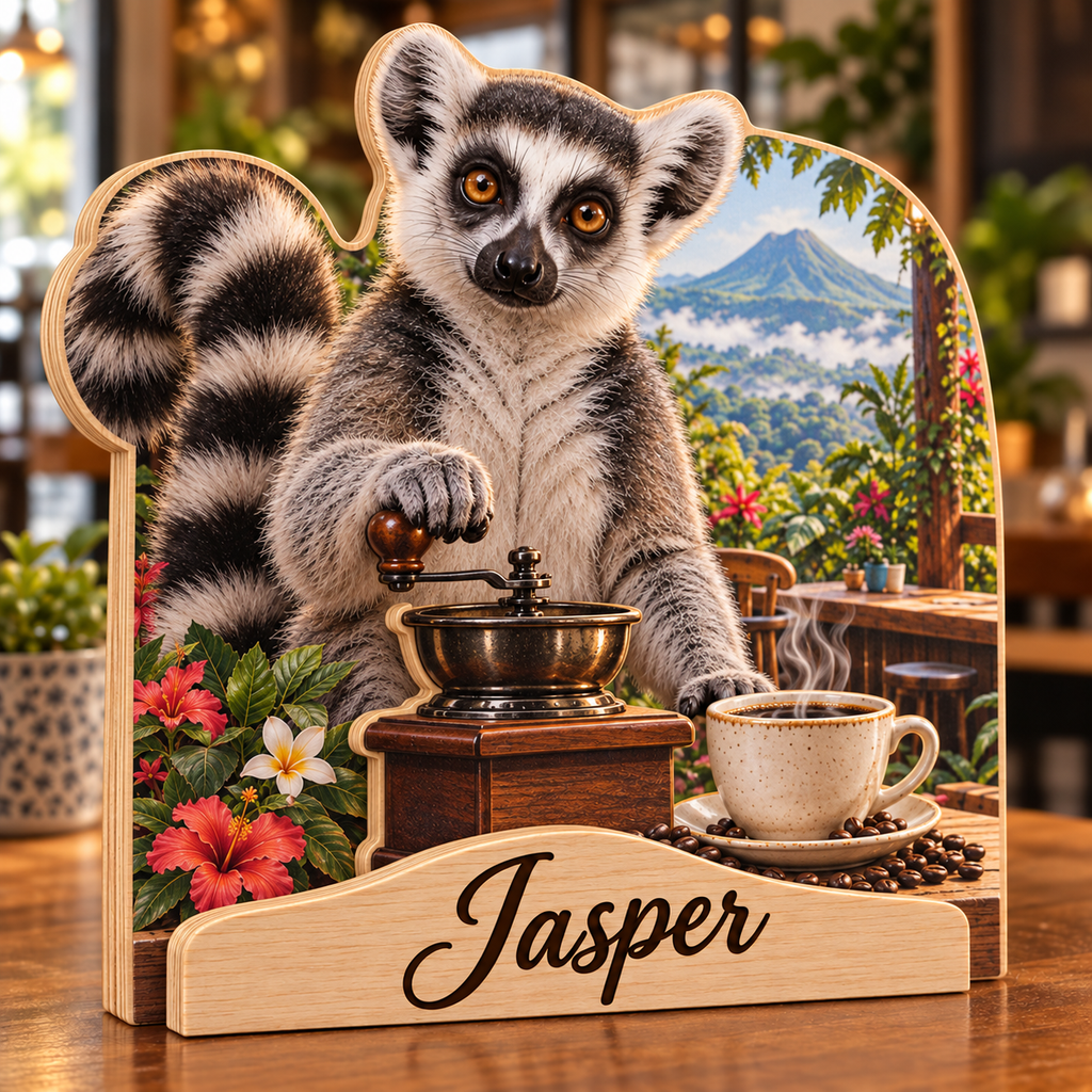 Lemur Coffee Corner Personalized Wooden Block; example personalization Jasper