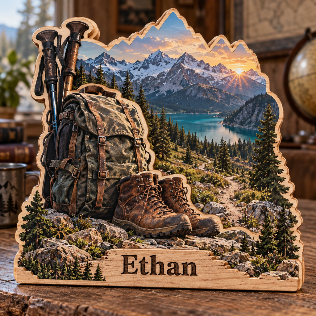 Hiking Alpine Trail Personalized Wooden Block; example personalization Ethan