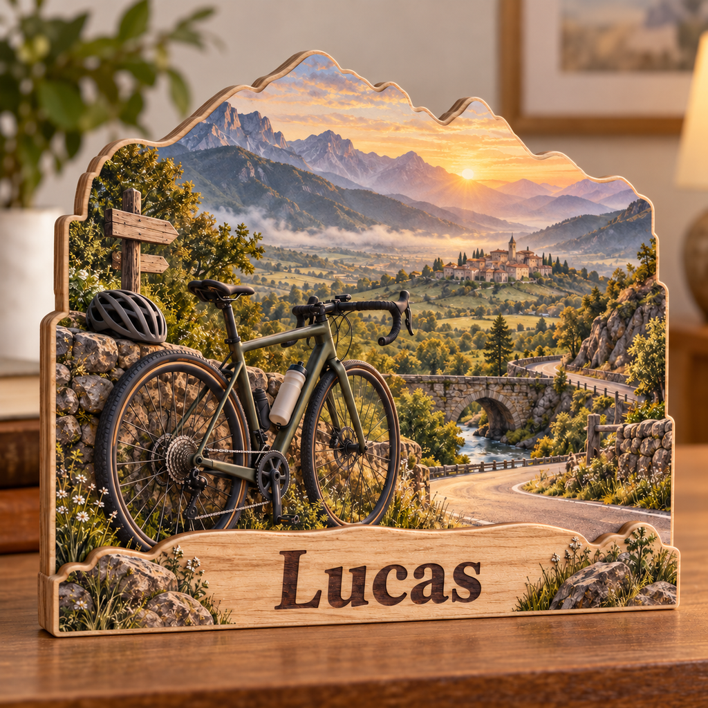 Cycling Mountain Road Sunrise Personalized Wooden Block; example personalization Lucas