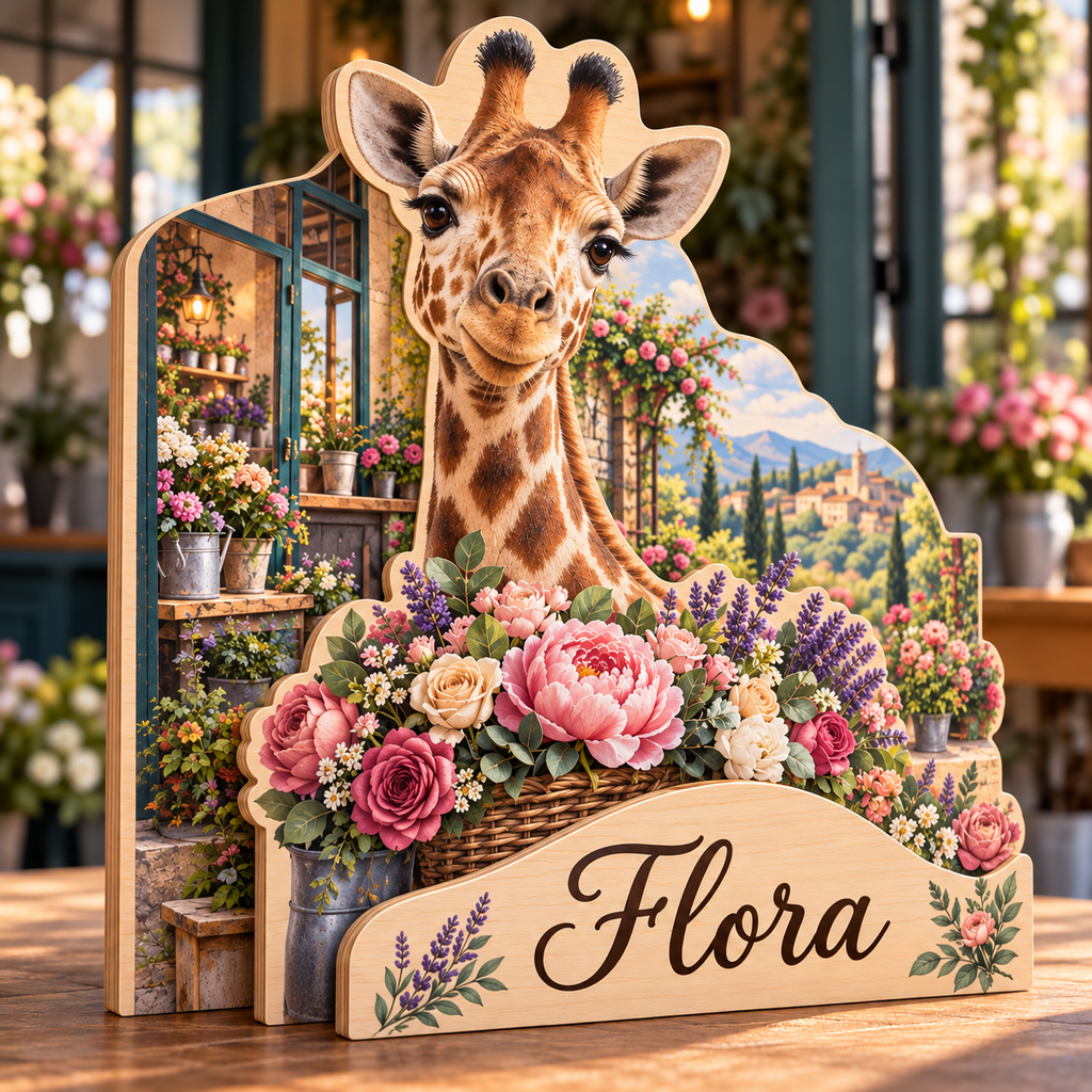 Giraffe Flower Atelier Personalized Wooden Block; example personalization Flora
