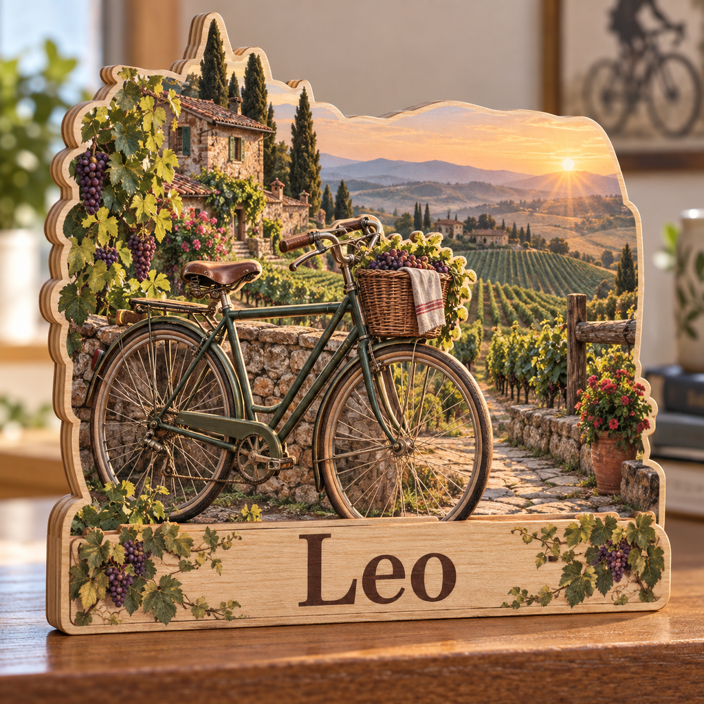 Cycling Vineyard Trail Personalized Wooden Block; example personalization Leo