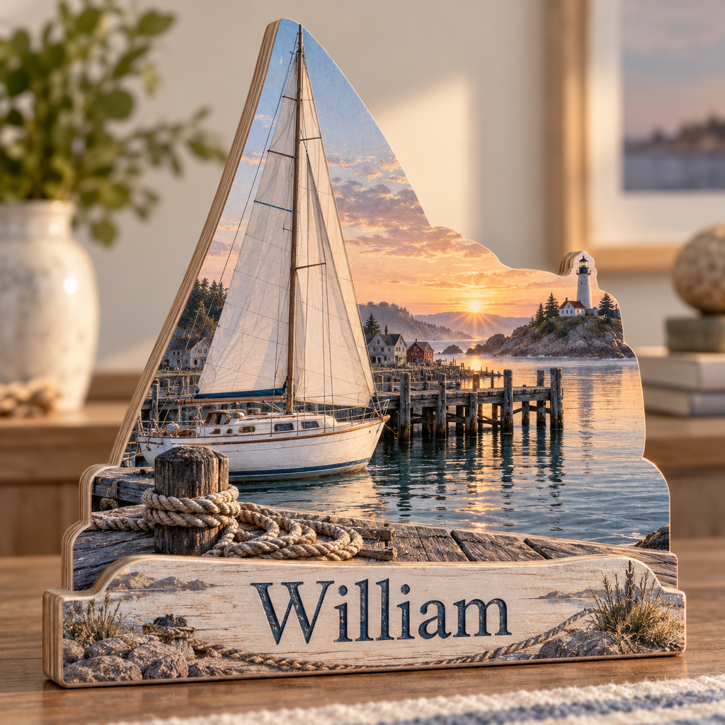 Sailing Harbor Lighthouse Personalized Wooden Block; example personalization William