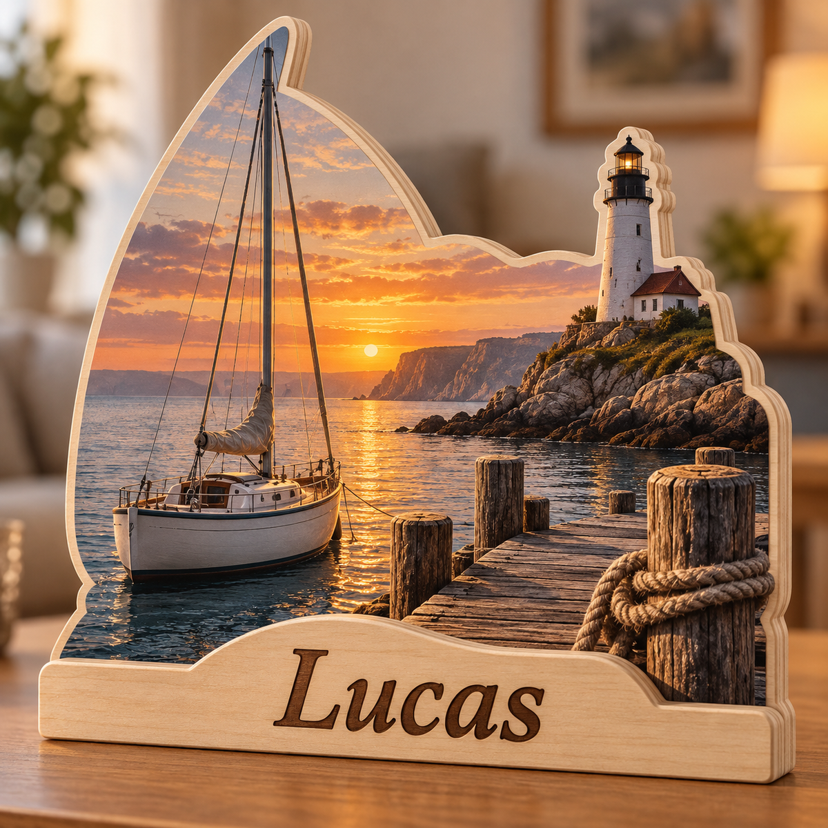 Sailing Lighthouse Harbor Personalized Wooden Block; example personalization Lucas