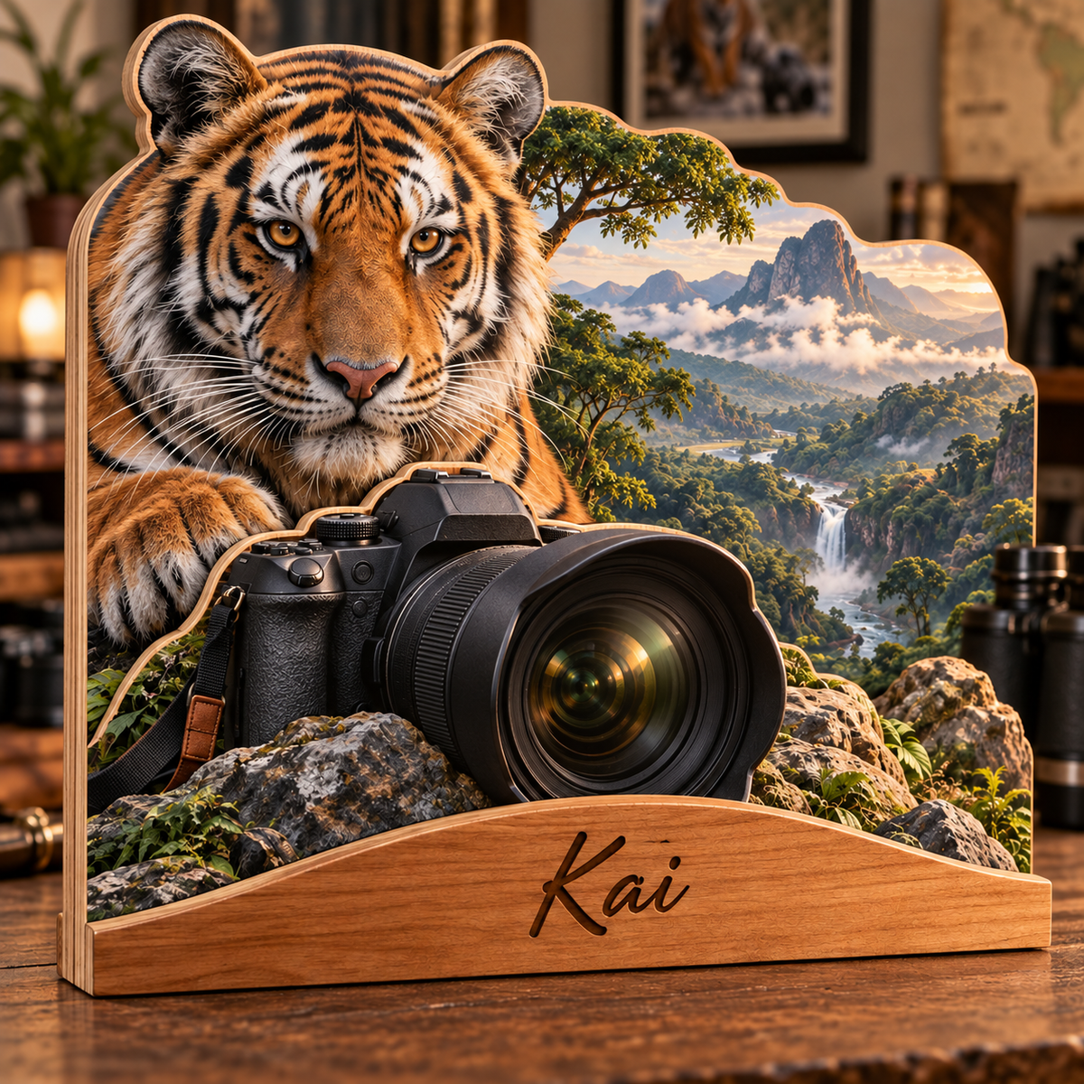 Tiger Camera Lookout Personalized Wooden Block; example personalization Kai