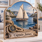 Sailboat Coastal Harbor Personalized Wooden Block; example personalization Captain James