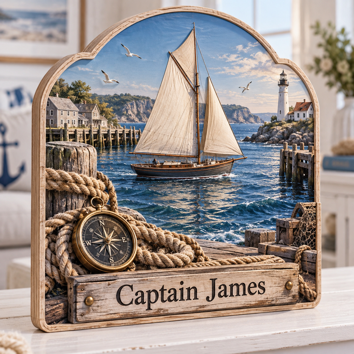 Sailboat Coastal Harbor Personalized Wooden Block; example personalization Captain James