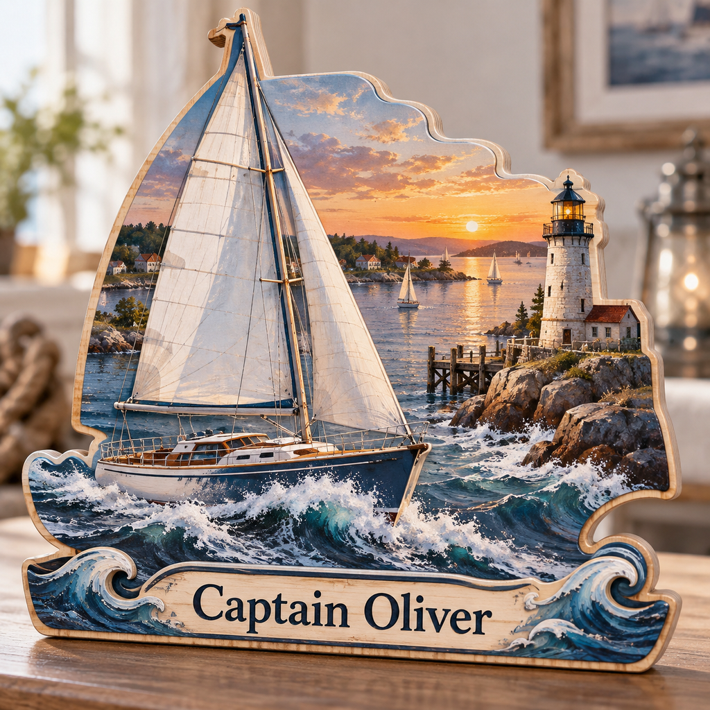 Sailboat Harbor Sunset Personalized Wooden Block; example personalization Captain Oliver