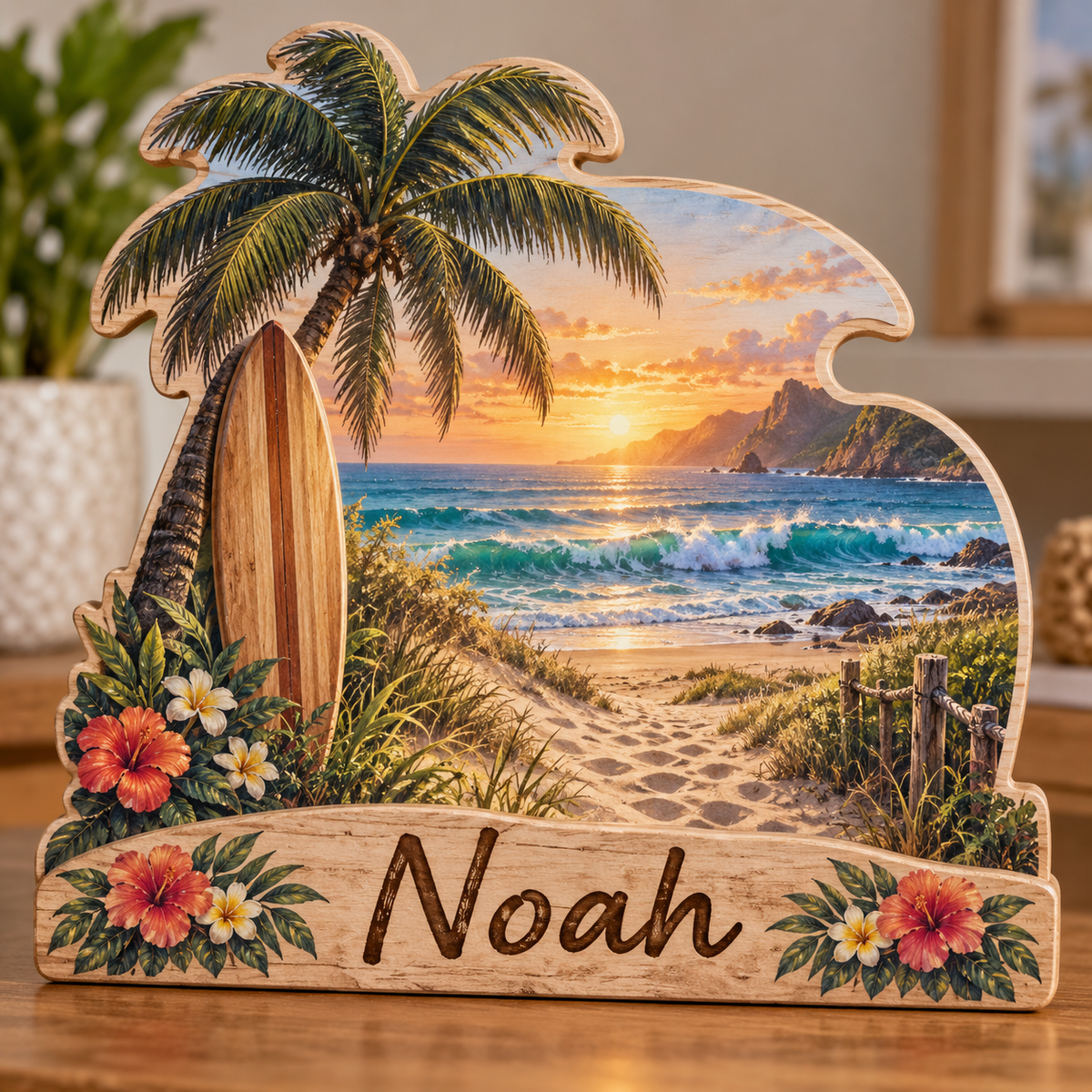 Surfing Palm Beach Cove Personalized Wooden Block; example personalization Noah