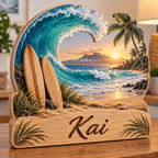 Surfing Palm Cove Wave Personalized Wooden Block; example personalization Kai