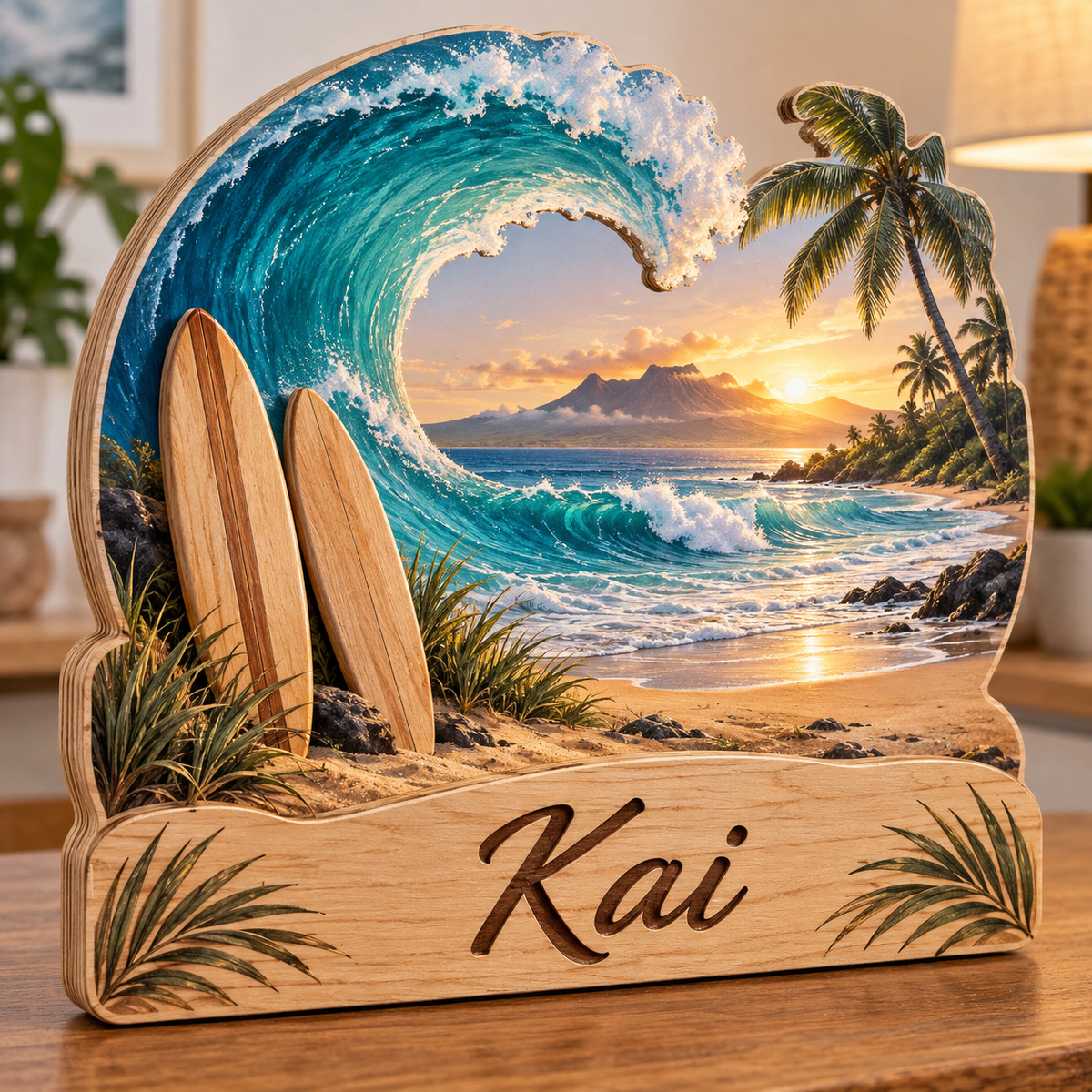 Surfing Palm Cove Wave Personalized Wooden Block; example personalization Kai