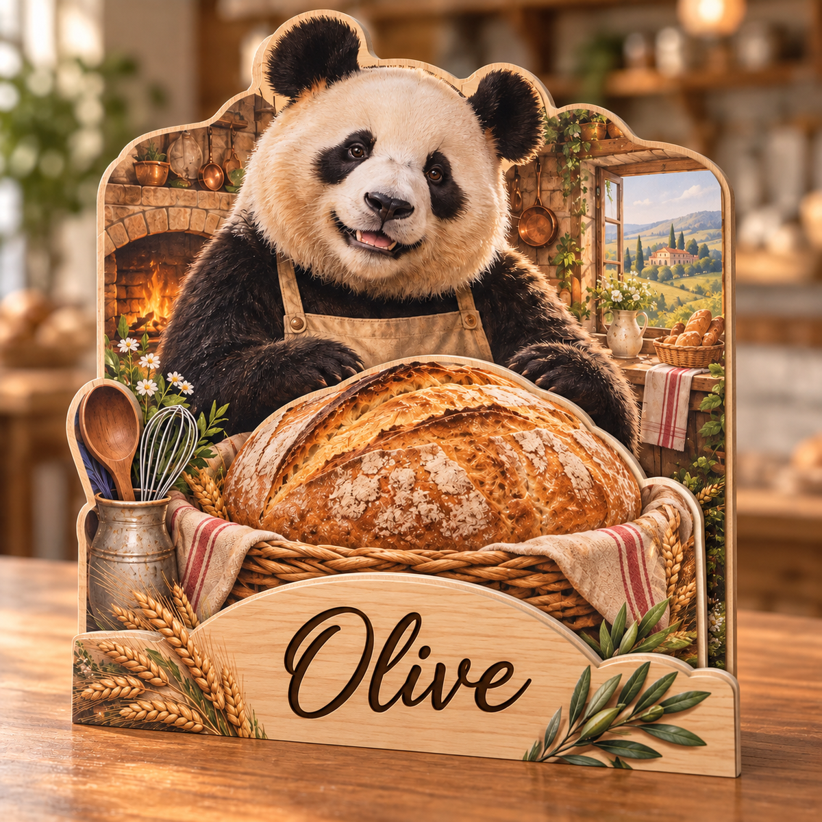 Panda Hearth Bakery Personalized Wooden Block; example personalization Olive