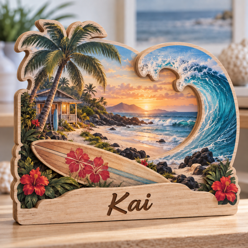 Surfboard Tropical Cove Personalized Wooden Block; example personalization Kai