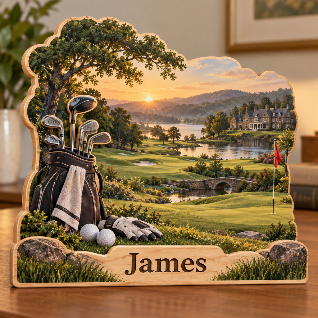 Golf Fairway Stone Clubhouse Personalized Wooden Block; example personalization James