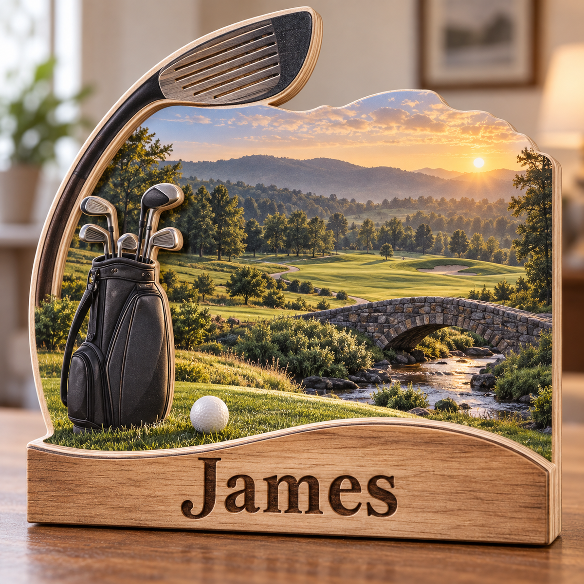 Golf Stone Bridge Fairway Personalized Wooden Block; example personalization James