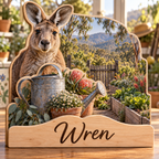 Kangaroo Garden Gate Personalized Wooden Block; example personalization Wren