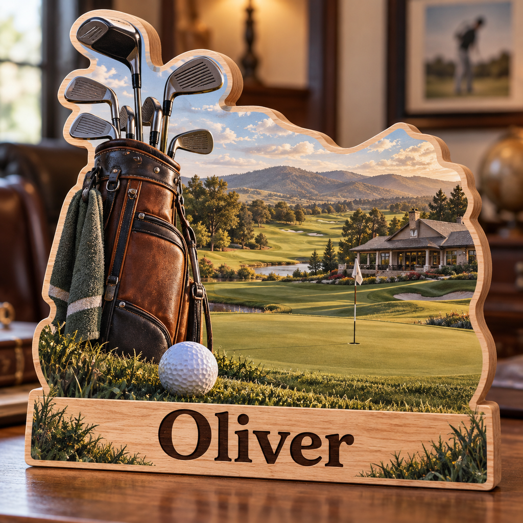 Golf Fairway Clubhouse Personalized Wooden Block; example personalization Oliver