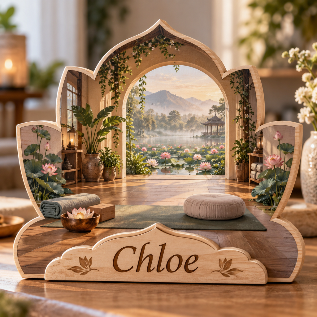 Yoga Studio Lotus Garden Personalized Wooden Block; example personalization Chloe
