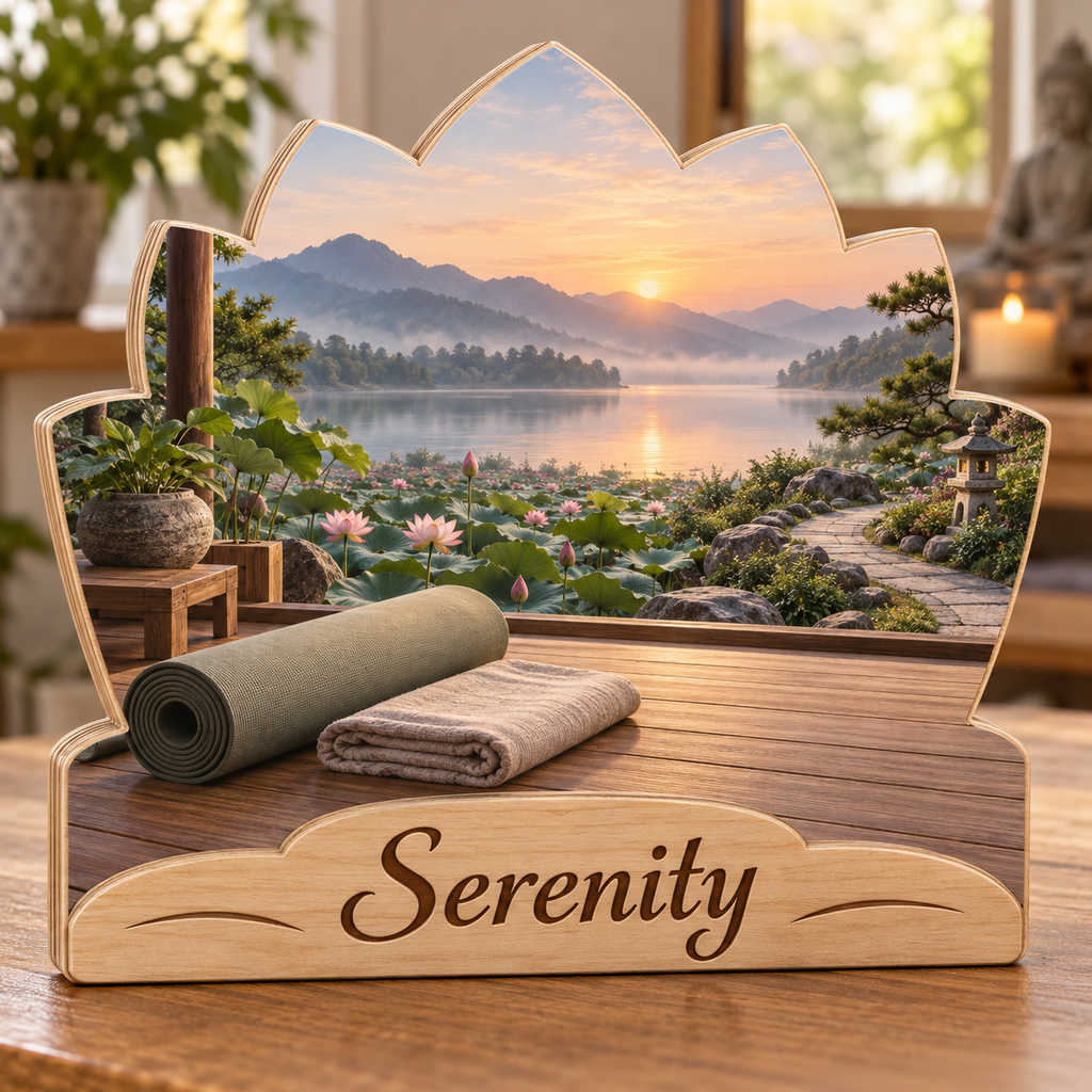 Yoga Lotus Lake Terrace Personalized Wooden Block; example personalization Serenity
