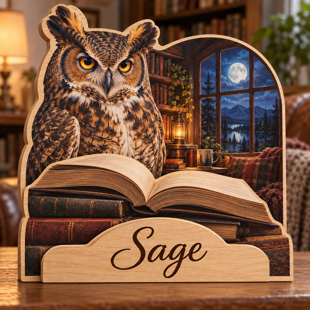 Horned Owl Reading Nook Personalized Wooden Block; example personalization Sage