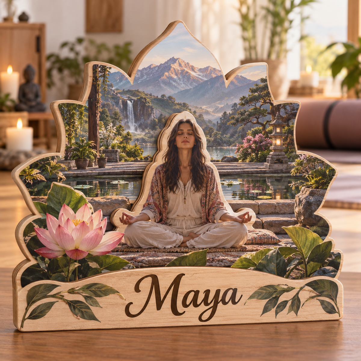 Yoga Lotus Mountain Retreat Personalized Wooden Block; example personalization Maya