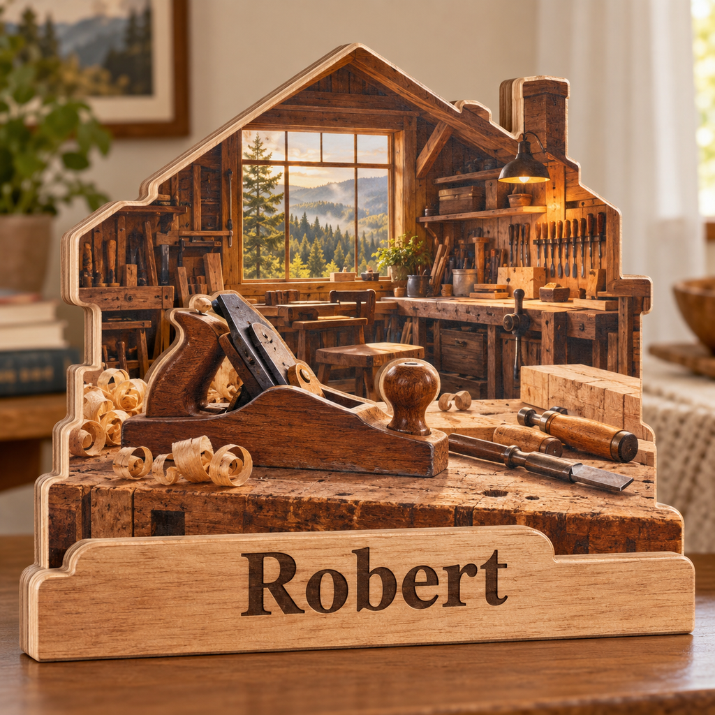 Woodworking Bench Forest Workshop Personalized Wooden Block; example personalization Robert