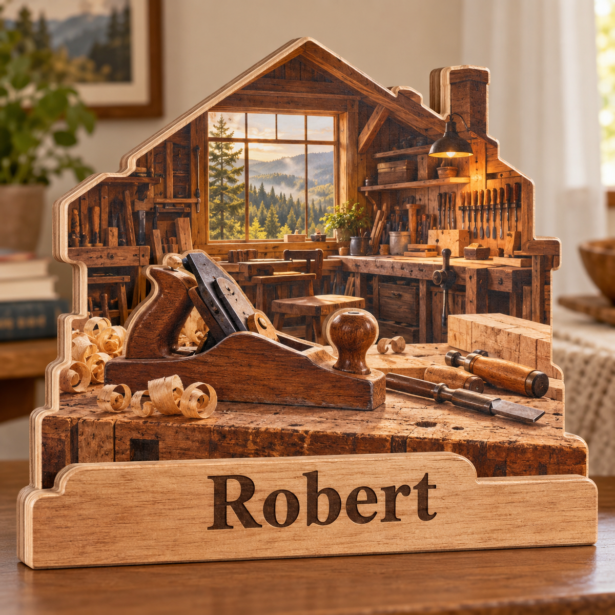 Woodworking Bench Forest Workshop Personalized Wooden Block; example personalization Robert