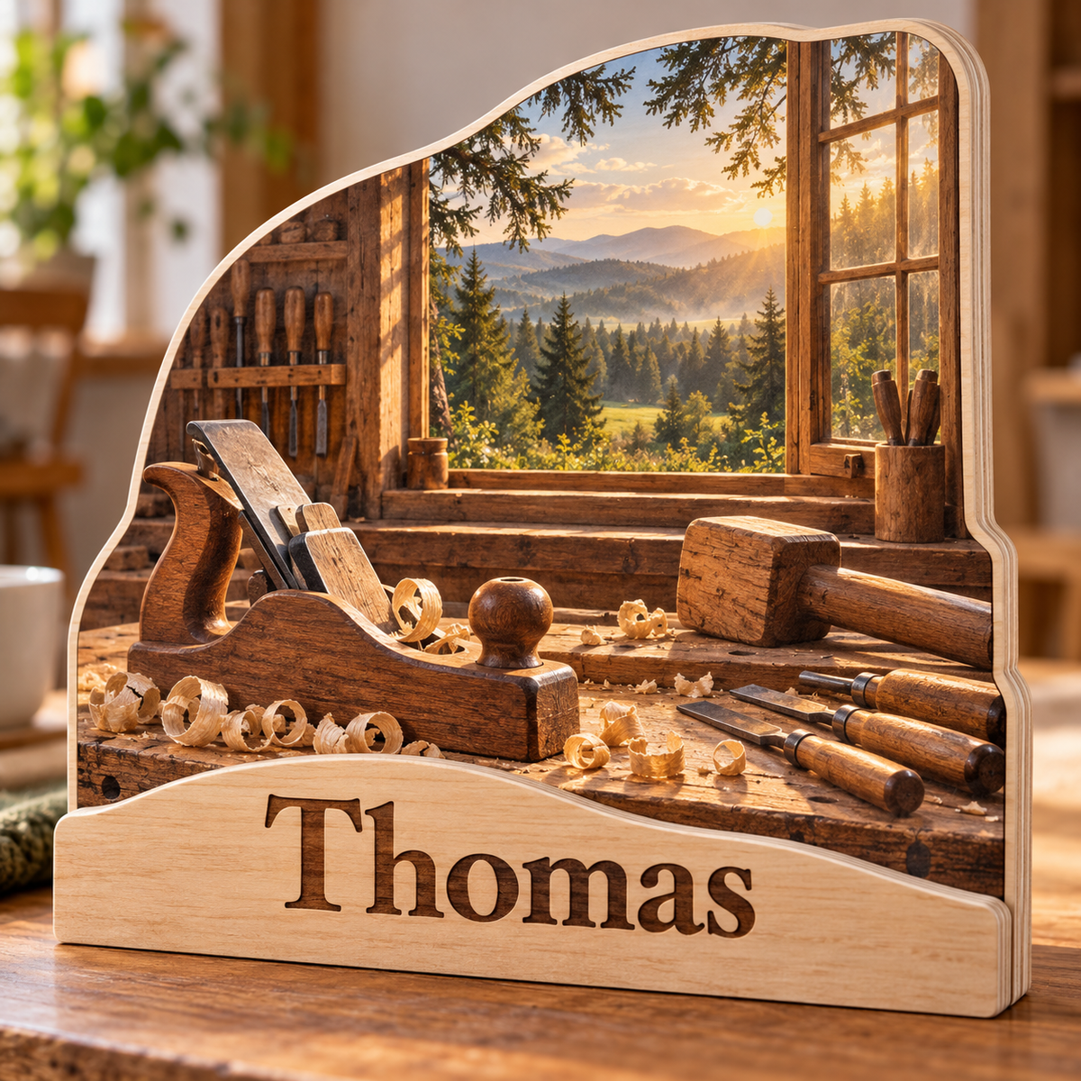 Woodworking Forest Workshop Personalized Wooden Block; example personalization Thomas