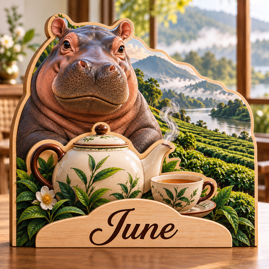 Hippo Tea Garden Personalized Wooden Block; example personalization June