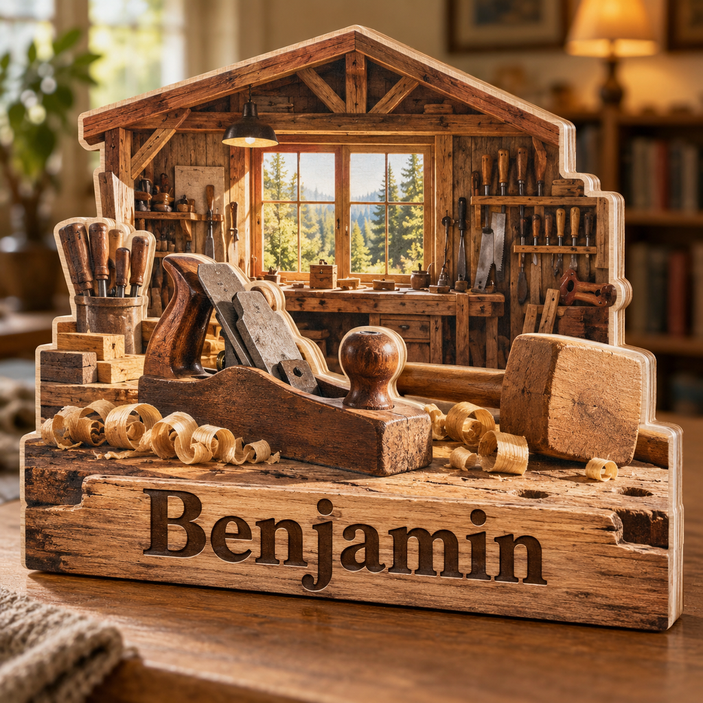 Woodworker Bench Workshop Personalized Wooden Block; example personalization Benjamin