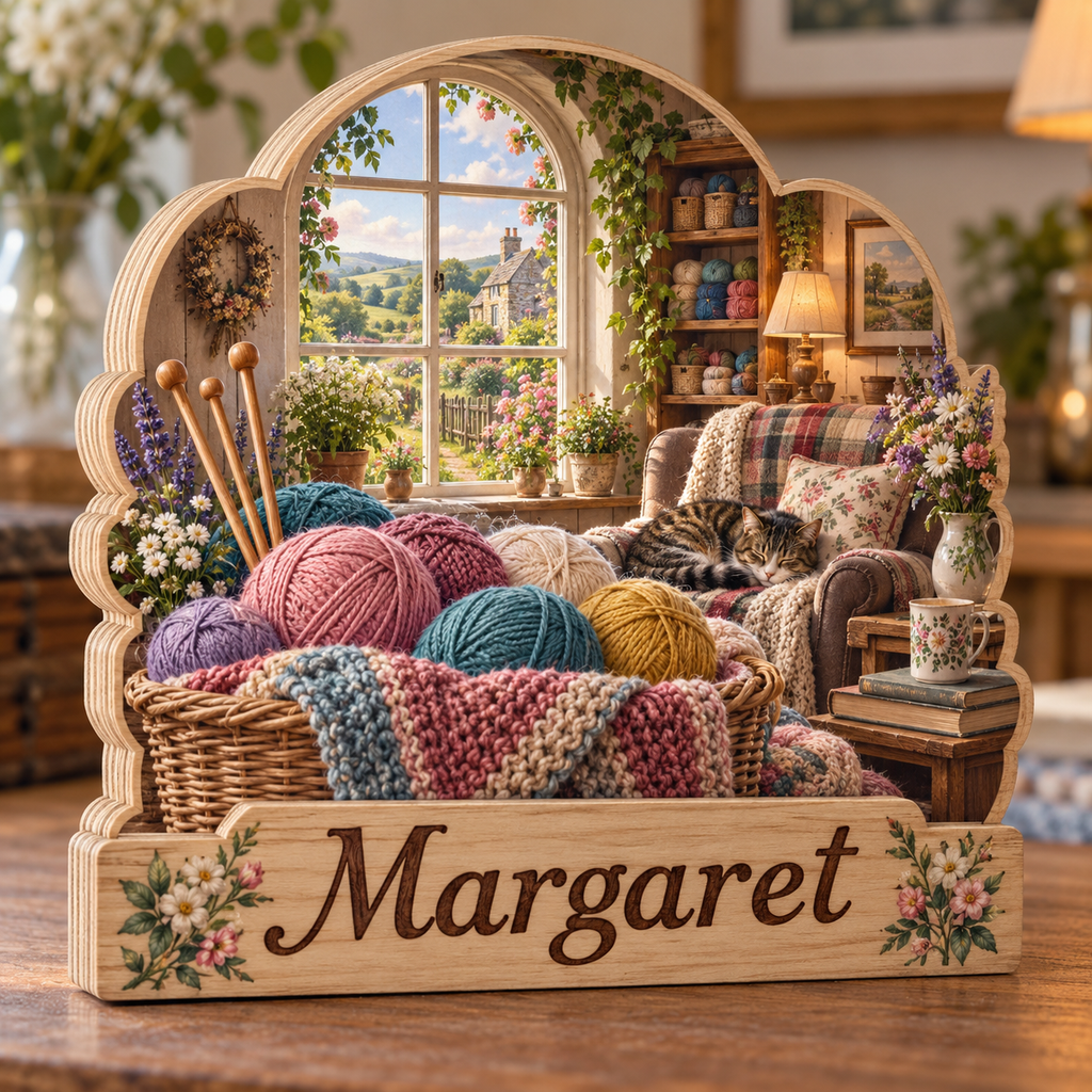 Knitting Yarn Cottage Nook Personalized Wooden Block; example personalization Margaret