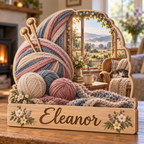 Knitting Cottage Window Meadow Personalized Wooden Block; example personalization Eleanor