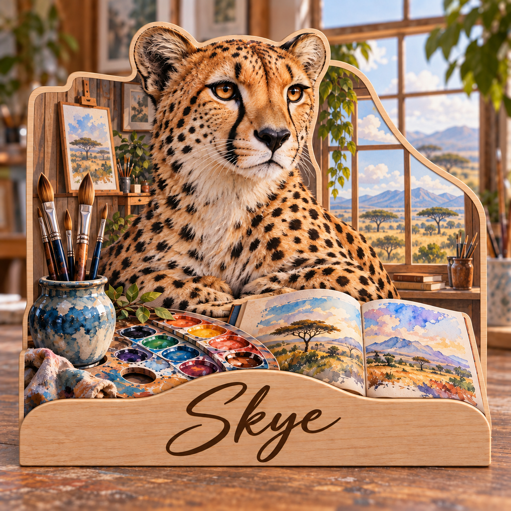 Cheetah Painting Studio Personalized Wooden Block; example personalization Skye