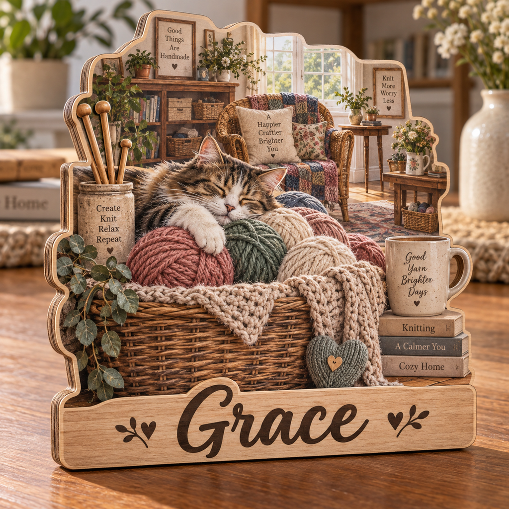 Cozy Knitting Basket Personalized Wooden Block; example personalization Grace