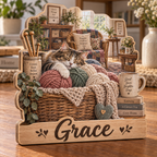 Cozy Knitting Basket Personalized Wooden Block; example personalization Grace