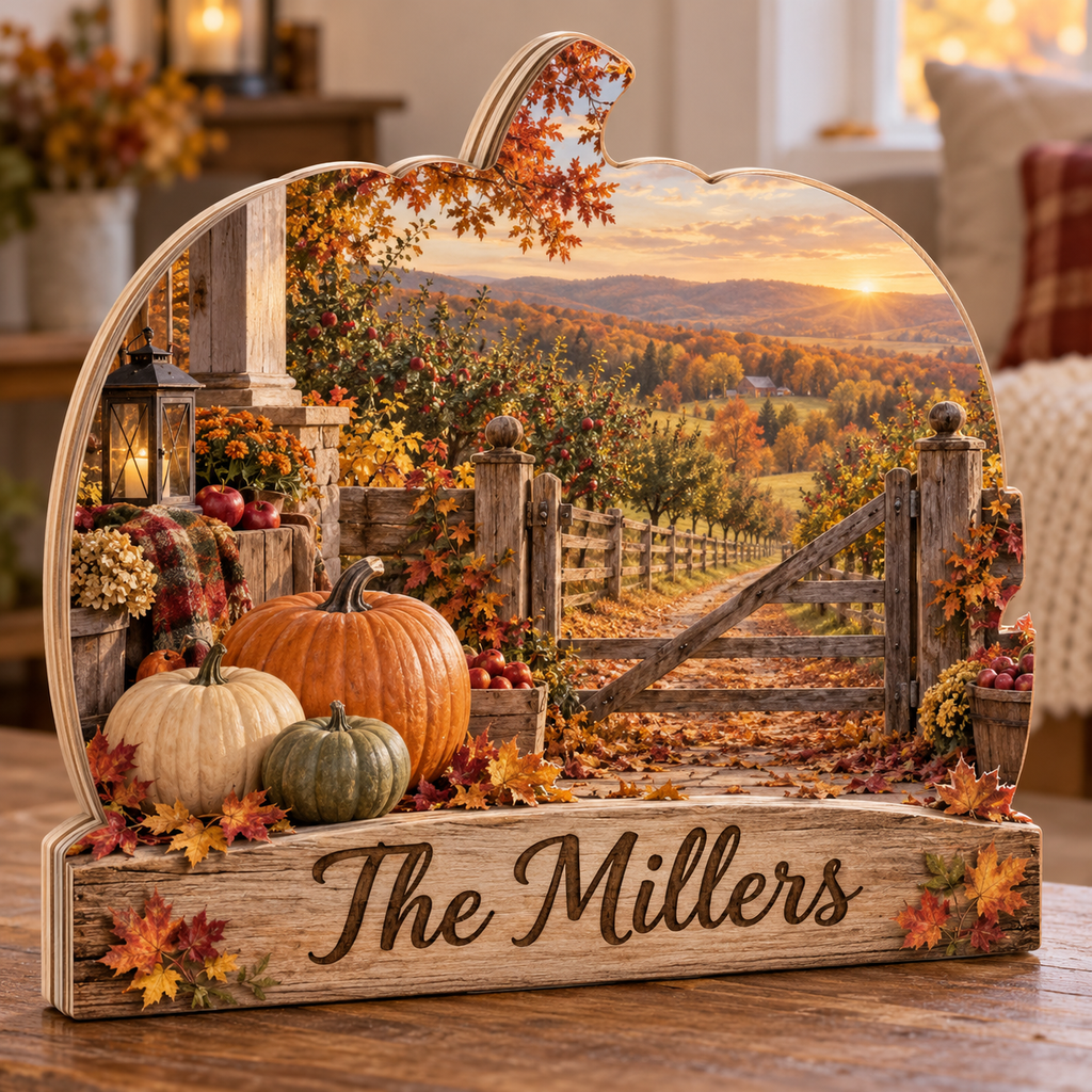 Autumn Pumpkin Orchard Gate Personalized Wooden Block; example personalization The Millers
