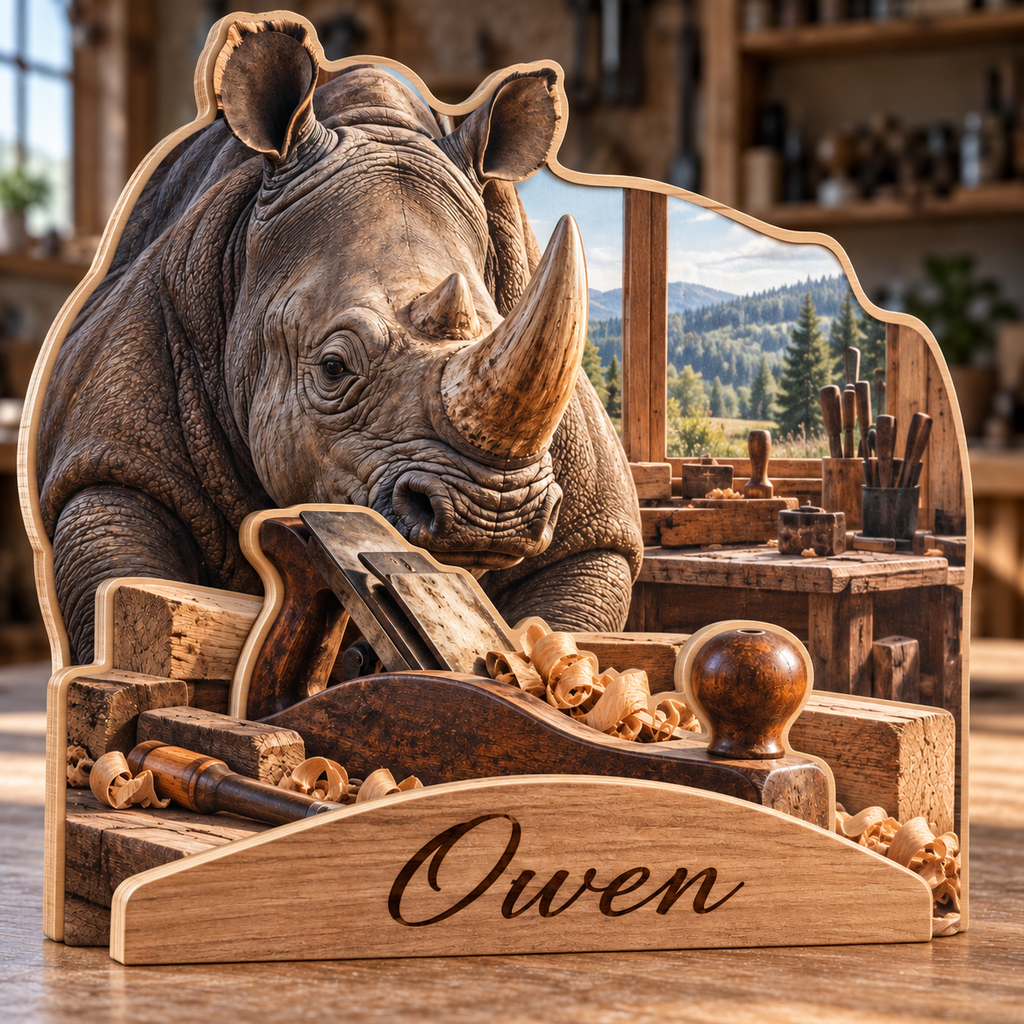 Rhino Timber Workshop Personalized Wooden Block; example personalization Owen